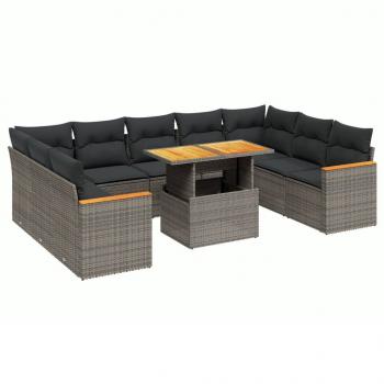 10-tlg. Garten-Sofagarnitur mit Kissen Grau Poly Rattan