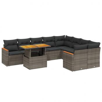 10-tlg. Garten-Sofagarnitur mit Kissen Grau Poly Rattan