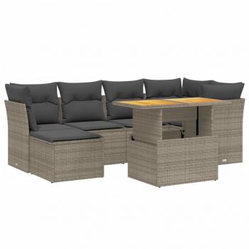 7-tlg. Garten-Sofagarnitur mit Kissen Grau Poly Rattan