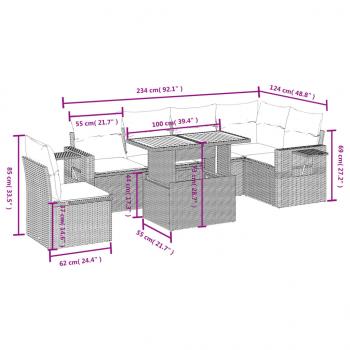 7-tlg. Garten-Sofagarnitur mit Kissen Grau Poly Rattan