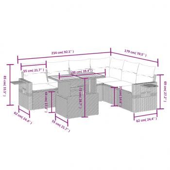 7-tlg. Garten-Sofagarnitur mit Kissen Grau Poly Rattan