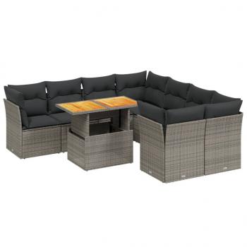 9-tlg. Garten-Sofagarnitur mit Kissen Grau Poly Rattan