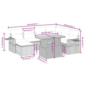 8-tlg. Garten-Sofagarnitur mit Kissen Grau Poly Rattan