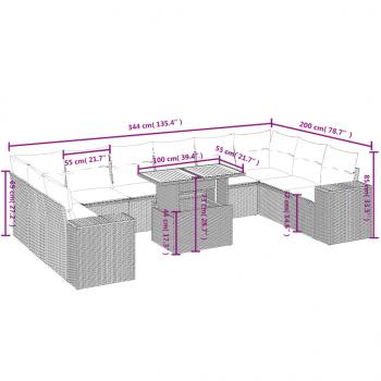 11-tlg. Garten-Sofagarnitur mit Kissen Grau Poly Rattan