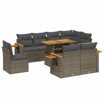 9-tlg. Garten-Sofagarnitur mit Kissen Grau Poly Rattan