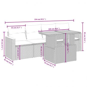 5-tlg. Garten-Sofagarnitur mit Kissen Grau Poly Rattan