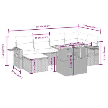 7-tlg. Garten-Sofagarnitur mit Kissen Grau Poly Rattan