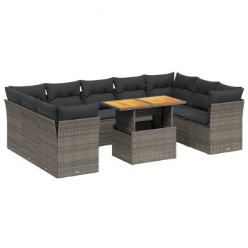 10-tlg. Garten-Sofagarnitur mit Kissen Grau Poly Rattan