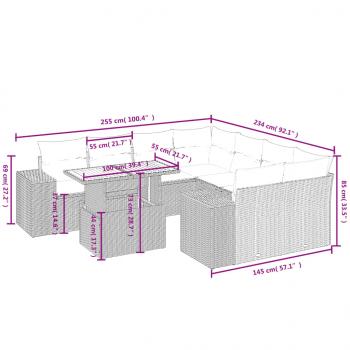 9-tlg. Garten-Sofagarnitur mit Kissen Grau Poly Rattan