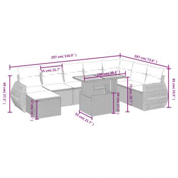 9-tlg. Garten-Sofagarnitur mit Kissen Grau Poly Rattan