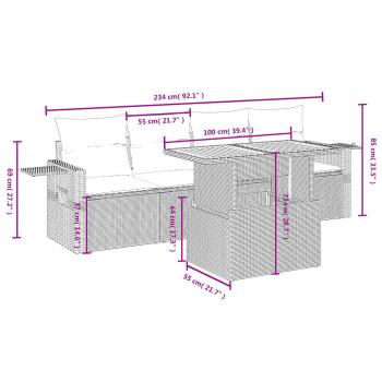 5-tlg. Garten-Sofagarnitur mit Kissen Grau Poly Rattan