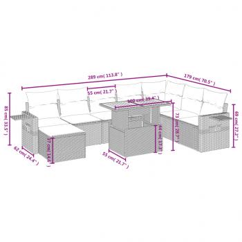 9-tlg. Garten-Sofagarnitur mit Kissen Grau Poly Rattan