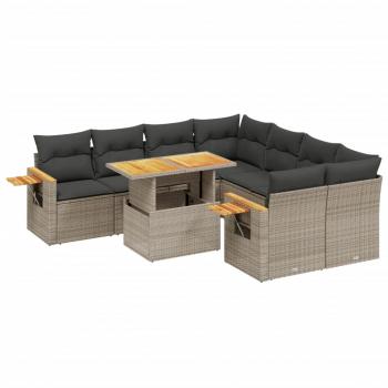 9-tlg. Garten-Sofagarnitur mit Kissen Grau Poly Rattan