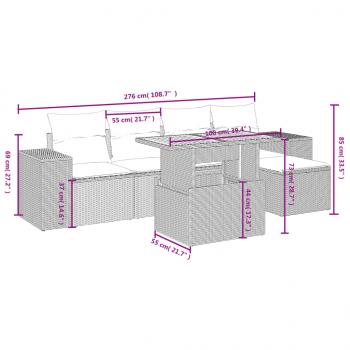 6-tlg. Garten-Sofagarnitur mit Kissen Grau Poly Rattan