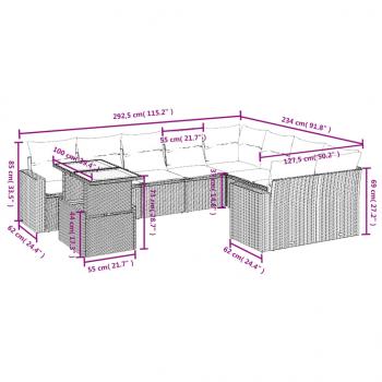 10-tlg. Garten-Sofagarnitur mit Kissen Grau Poly Rattan