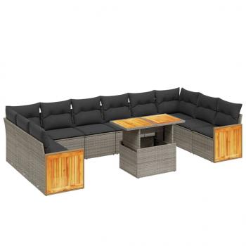 11-tlg. Garten-Sofagarnitur mit Kissen Grau Poly Rattan