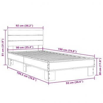 Bettgestell Grau Sonoma 90x190 cm Holzwerkstoff und Metall