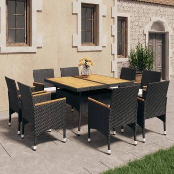 ARDEBO.de - 9-tlg. Garten-Essgruppe Poly Rattan und Massivholz Schwarz