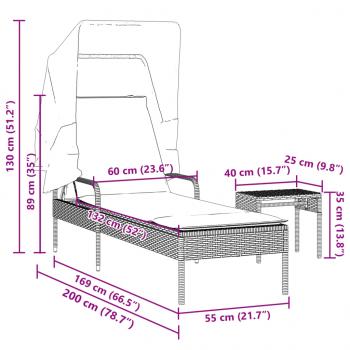 Sonnenliege mit Dach und Tisch Hellgrau Poly Rattan