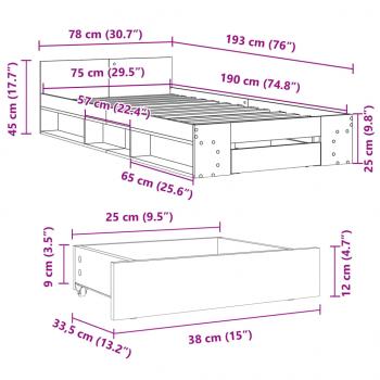 Bettgestell mit Schublade Sonoma-Eiche 75x190 cm Holzwerkstoff