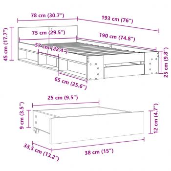 Bettgestell mit Schublade Braun Eiche 75x190 cm Holzwerkstoff