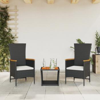 ARDEBO.de - 3-tlg. Garten-Essgruppe mit Kissen Schwarz Poly Rattan