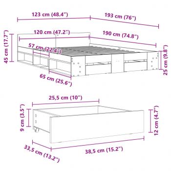 Bettgestell mit Schubladen Grau Sonoma 120x190 cm Holzwerkstoff