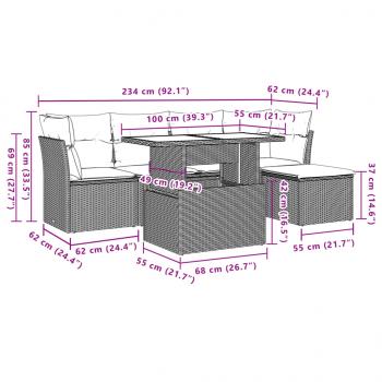 6-tlg. Garten-Sofagarnitur mit Kissen Grau Poly Rattan