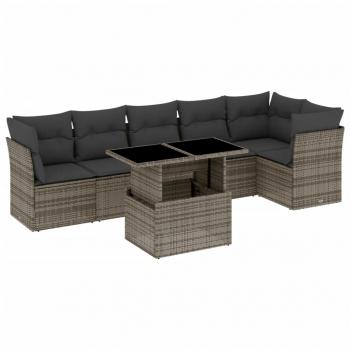 7-tlg. Garten-Sofagarnitur mit Kissen Grau Poly Rattan