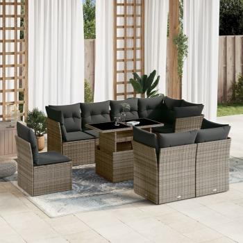 ARDEBO.de - 9-tlg. Garten-Sofagarnitur mit Kissen Grau Poly Rattan