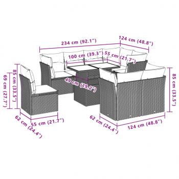 9-tlg. Garten-Sofagarnitur mit Kissen Grau Poly Rattan