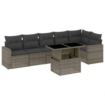 7-tlg. Garten-Sofagarnitur mit Kissen Grau Poly Rattan