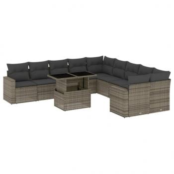 11-tlg. Garten-Sofagarnitur mit Kissen Grau Poly Rattan