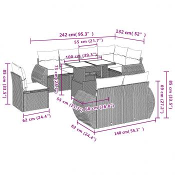 9-tlg. Garten-Sofagarnitur mit Kissen Grau Poly Rattan