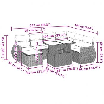 8-tlg. Garten-Sofagarnitur mit Kissen Grau Poly Rattan