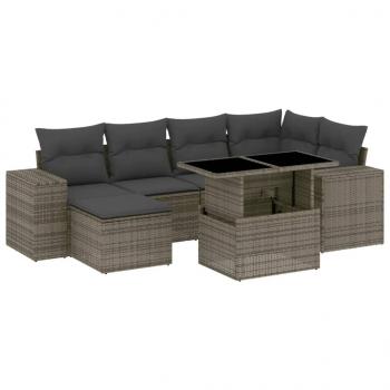 7-tlg. Garten-Sofagarnitur mit Kissen Grau Poly Rattan