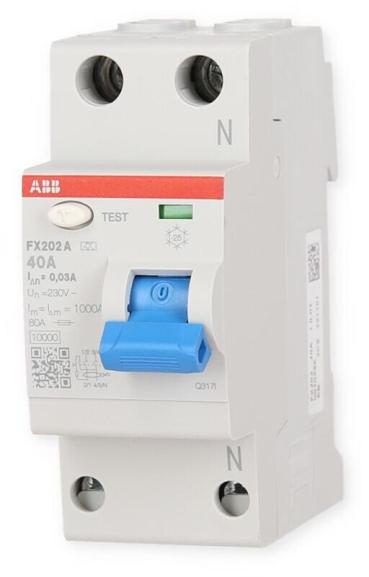 ABB FX202A-40A/0,03, FI-Schutzschalter, 2-polig 10kA, Serie FX202A, Push-In, 2TE, Typ A (2CSF202165R1400)