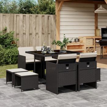 ARDEBO.de - 9-tlg. Garten-Essgruppe mit Kissen Schwarz Poly Rattan