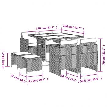 9-tlg. Garten-Essgruppe mit Kissen Schwarz Poly Rattan