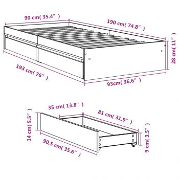 Bettgestell mit Schubladen Betongrau 90x190 cm Holzwerkstoff