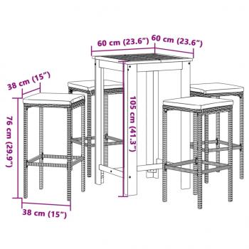 5-tlg. Gartenbar-Set Grau Massivholz Akazie und Poly Rattan