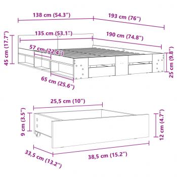 Bettgestell mit Schubladen Betongrau 135x190 cm Holzwerkstoff