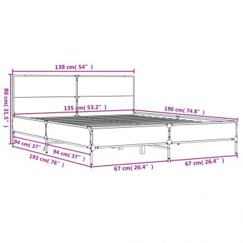 Bettgestell Grau Sonoma 135x190 cm Holzwerkstoff und Metall