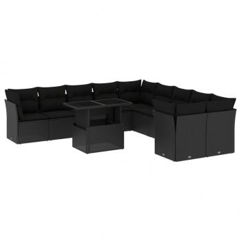 11-tlg. Garten-Sofagarnitur mit Kissen Schwarz Poly Rattan