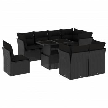 9-tlg. Garten-Sofagarnitur mit Kissen Schwarz Poly Rattan