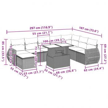 9-tlg. Garten-Sofagarnitur mit Kissen Schwarz Poly Rattan