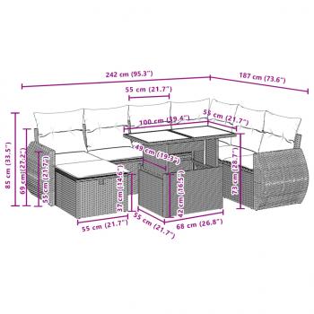 8-tlg. Garten-Sofagarnitur mit Kissen Schwarz Poly Rattan