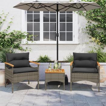 3-tlg. Garten-Sofagarnitur mit Kissen Grau Poly Rattan