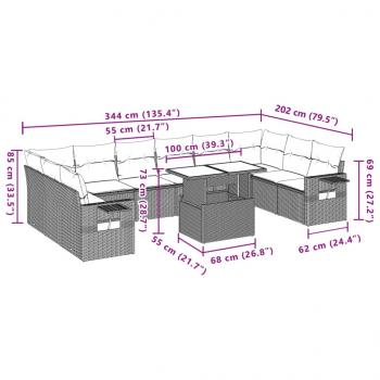 11-tlg. Garten-Sofagarnitur mit Kissen Schwarz Poly Rattan