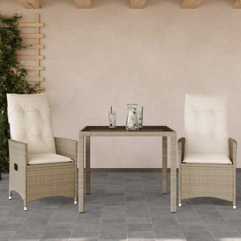 ARDEBO.de - 3-tlg. Bistro-Set mit Kissen Beige Poly Rattan